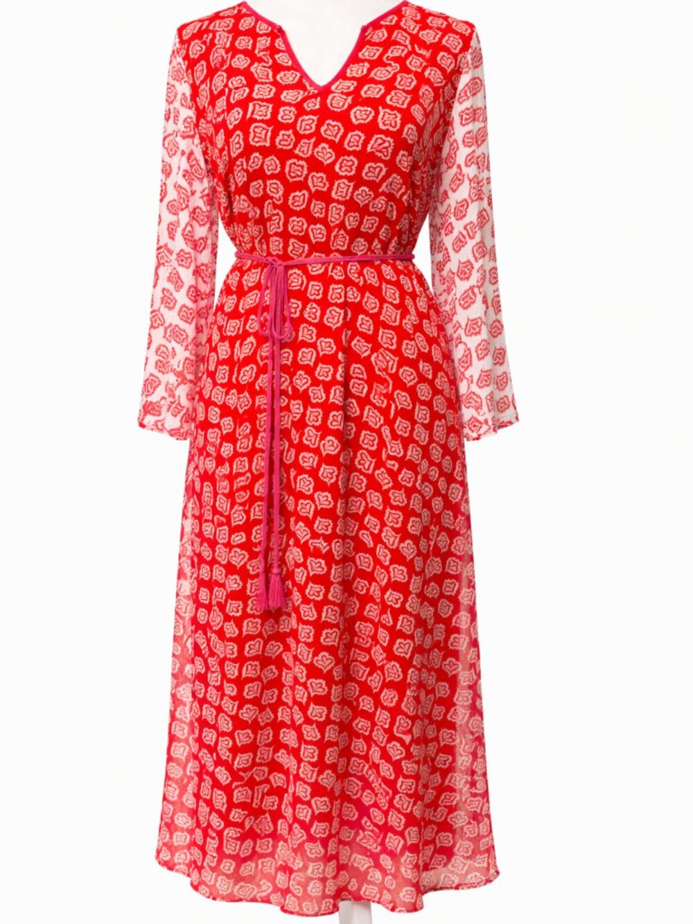 Boden "Bella" Falling Petals Jersey Dress Tasseled Belt | Size 6